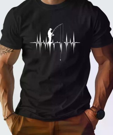 1 pc, 100% cotton T-shirt, Silhouette Fishing Design Comfort version of cotton men's T-shirt