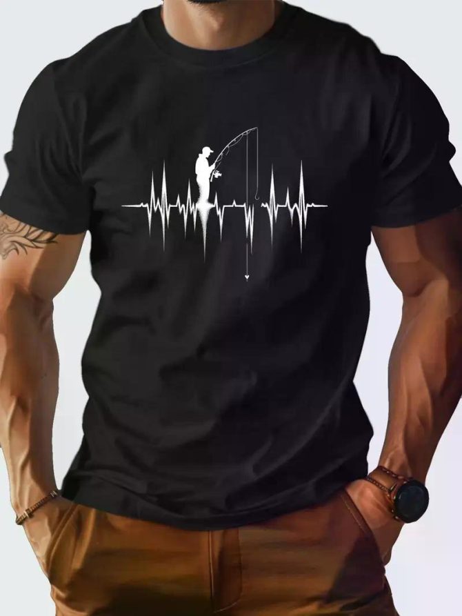 1 pc, 100% cotton T-shirt, Silhouette Fishing Design Comfort version of cotton men's T-shirt - Image 13