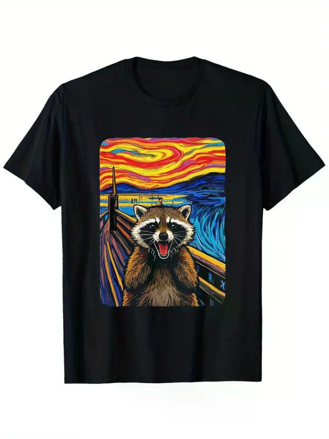 Terrified Raccoon Print Men'S Fashionable Summer Short Sleeve Sports T-shirt, Comfortable And Versatile