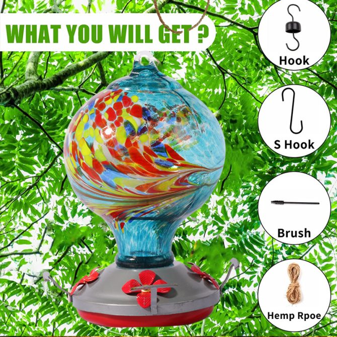 Hummingbird Feeders For Outdoors Hanging; Hand Blown Glass Hummingbird Feeder with Attractive Spiral Pattern For Garden Decor - Image 3