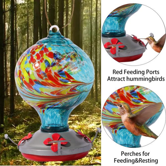Hummingbird Feeders For Outdoors Hanging; Hand Blown Glass Hummingbird Feeder with Attractive Spiral Pattern For Garden Decor - Image 4