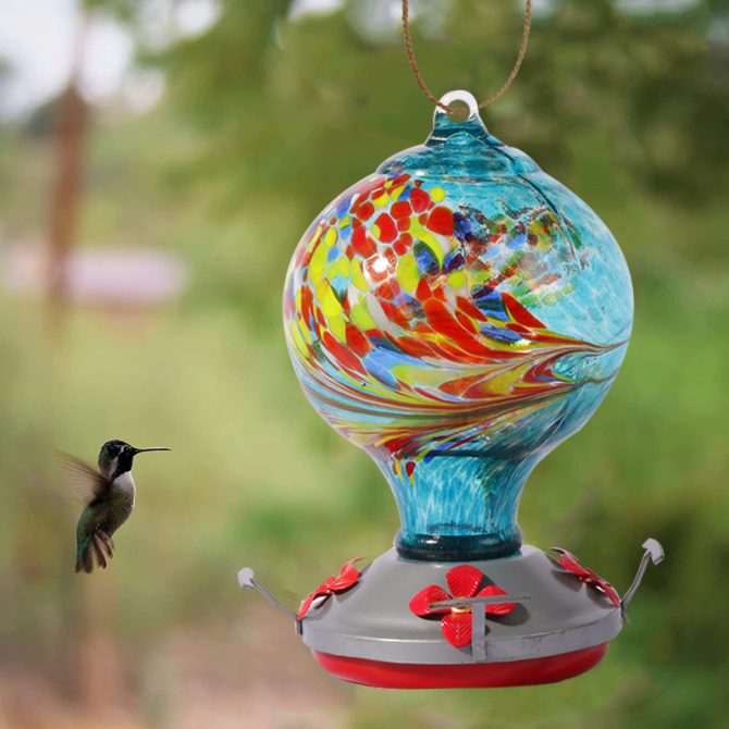 Hummingbird Feeders For Outdoors Hanging; Hand Blown Glass Hummingbird Feeder with Attractive Spiral Pattern For Garden Decor - Image 7