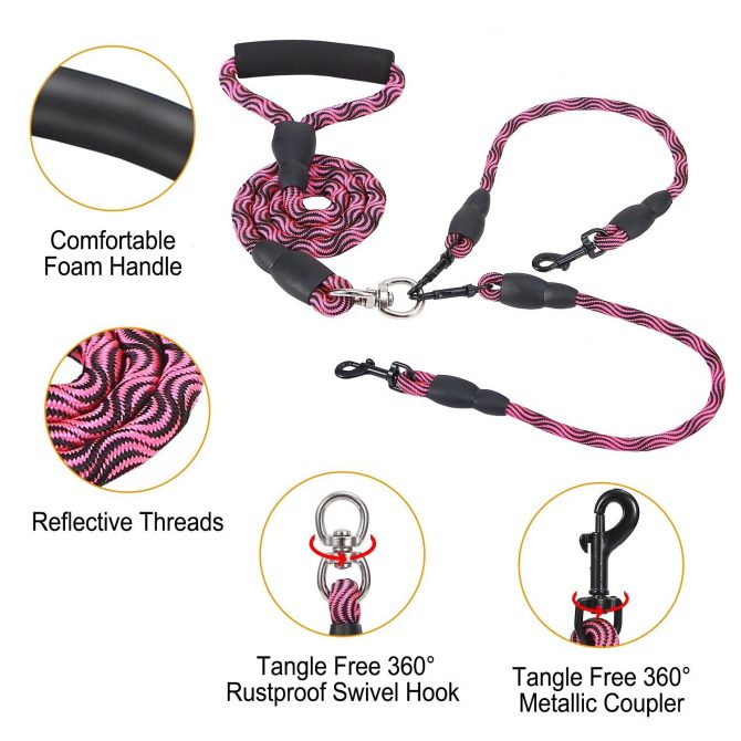 Double Dogs Leash No-Tangle Dogs Lead Reflective Dogs Walking Leash w/ Swivel Coupler Padded Handle - Image 7