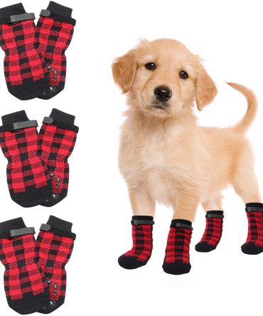 Chrismas Anti-Slip Dog Socks; Waterproof Paw Protectors with Reflective Straps Traction Control for Indoor & Outdoor Wear; 4pcs