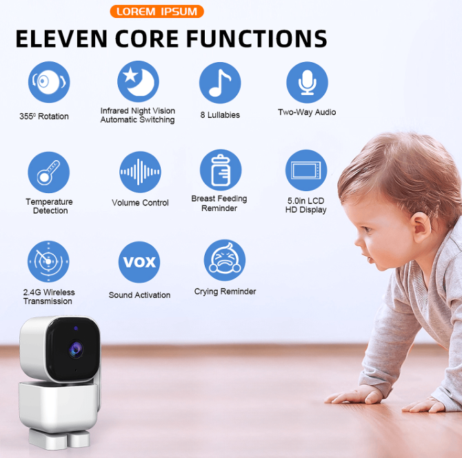 PSABM720 Audio Baby Monitor Remote Camera VOX 5-Inch IPS Temperature Monitor Infrared Night Vision Camera bidirectional Audio HD 1280 * 720P - Image 5