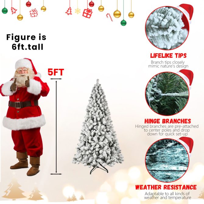 6ft Flocked Pre-Lit Christmas Tree with 300 UL Warm White Lights, 779 PVC Tips, Auto-Unfold Memory Wire, Easy Assembly & Stable Metal Stand – Snowy Holiday Decor - Image 11