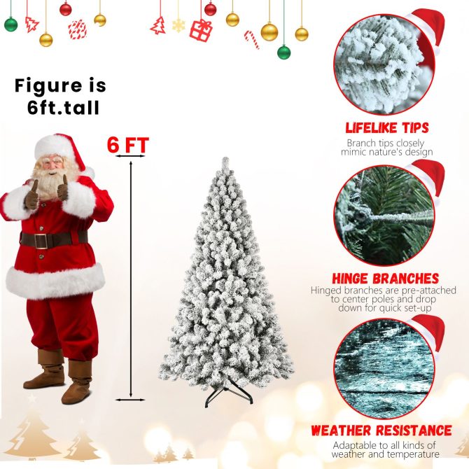6ft Flocked Pre-Lit Christmas Tree with 300 UL Warm White Lights, 779 PVC Tips, Auto-Unfold Memory Wire, Easy Assembly & Stable Metal Stand – Snowy Holiday Decor - Image 12