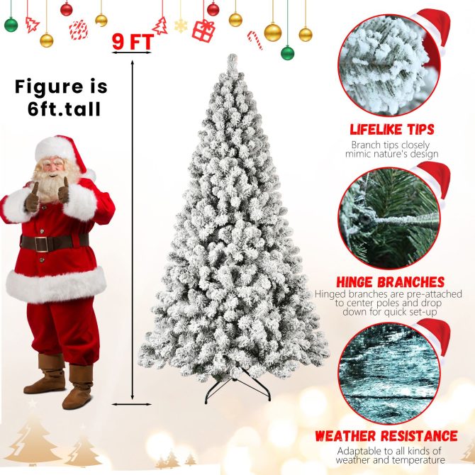 6ft Flocked Pre-Lit Christmas Tree with 300 UL Warm White Lights, 779 PVC Tips, Auto-Unfold Memory Wire, Easy Assembly & Stable Metal Stand – Snowy Holiday Decor - Image 15