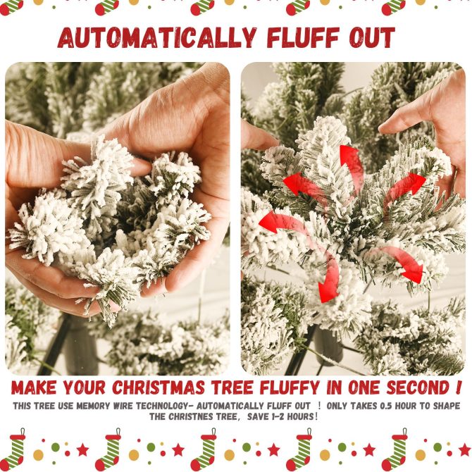 6ft Flocked Pre-Lit Christmas Tree with 300 UL Warm White Lights, 779 PVC Tips, Auto-Unfold Memory Wire, Easy Assembly & Stable Metal Stand – Snowy Holiday Decor - Image 4