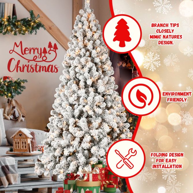 6ft Flocked Pre-Lit Christmas Tree with 300 UL Warm White Lights, 779 PVC Tips, Auto-Unfold Memory Wire, Easy Assembly & Stable Metal Stand – Snowy Holiday Decor - Image 5