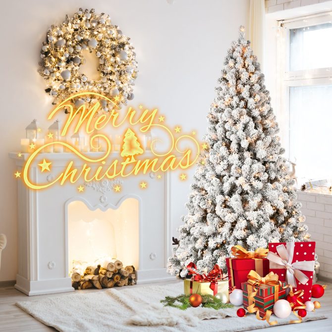 6ft Flocked Pre-Lit Christmas Tree with 300 UL Warm White Lights, 779 PVC Tips, Auto-Unfold Memory Wire, Easy Assembly & Stable Metal Stand – Snowy Holiday Decor - Image 6