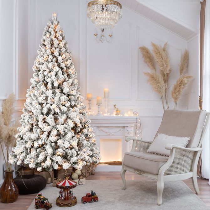 6ft Flocked Pre-Lit Christmas Tree with 300 UL Warm White Lights, 779 PVC Tips, Auto-Unfold Memory Wire, Easy Assembly & Stable Metal Stand – Snowy Holiday Decor