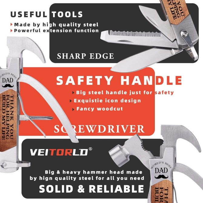 Dad Built My Life Engraved 12-in-1 Multi-Tool Hammer | Heavy Duty Camping & DIY Gift Set | Pliers, Screwdrivers, Bottle Opener | Premium Wood Box Present from Daughter/Son - Image 2
