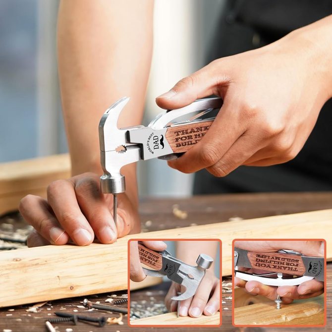 Dad Built My Life Engraved 12-in-1 Multi-Tool Hammer | Heavy Duty Camping & DIY Gift Set | Pliers, Screwdrivers, Bottle Opener | Premium Wood Box Present from Daughter/Son - Image 3