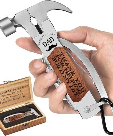 Dad Built My Life Engraved 12-in-1 Multi-Tool Hammer | Heavy Duty Camping & DIY Gift Set | Pliers, Screwdrivers, Bottle Opener | Premium Wood Box Present from Daughter/Son