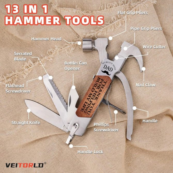 Dad Built My Life Engraved 12-in-1 Multi-Tool Hammer | Heavy Duty Camping & DIY Gift Set | Pliers, Screwdrivers, Bottle Opener | Premium Wood Box Present from Daughter/Son - Image 5