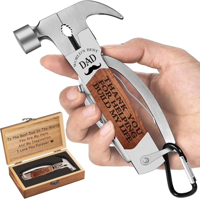Dad Built My Life Engraved 12-in-1 Multi-Tool Hammer | Heavy Duty Camping & DIY Gift Set | Pliers, Screwdrivers, Bottle Opener | Premium Wood Box Present from Daughter/Son