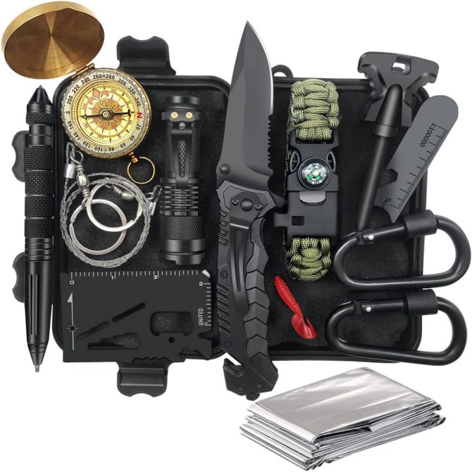 14-in-1 Survival Kit for Men, Dad, Husband – Gear for Fishing, Hunting, Camping, Outdoor Adventures – Perfect Valentine's Day, Anniversary, Birthday Gift for Him, Boyfriend