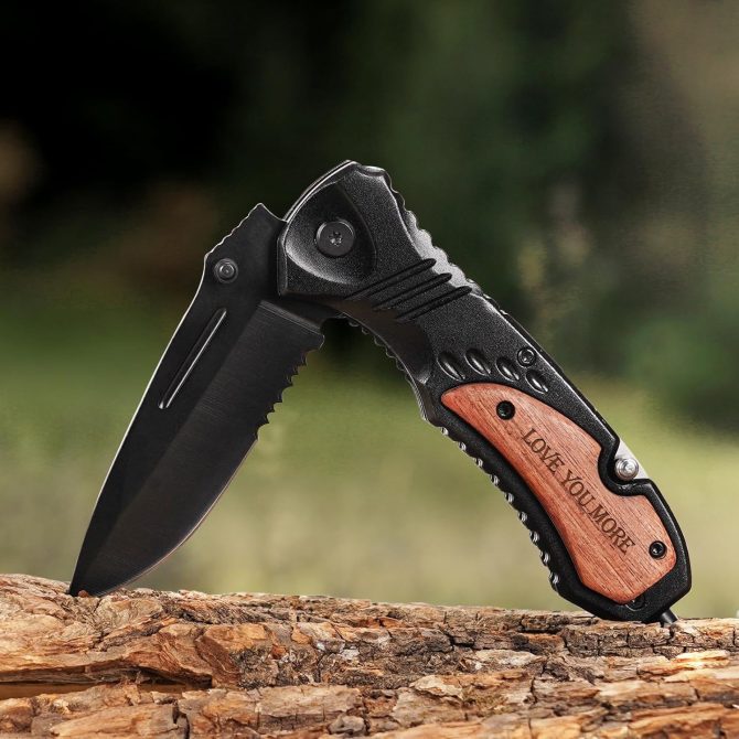 LOVE YOU MORE Engraved Pocket Knife Gift Set | Wood Gift Box & EDC Knife with Serrated Edge & Clip | Multi-Function Outdoor Tool for Camping, Hiking, Survival - Image 2