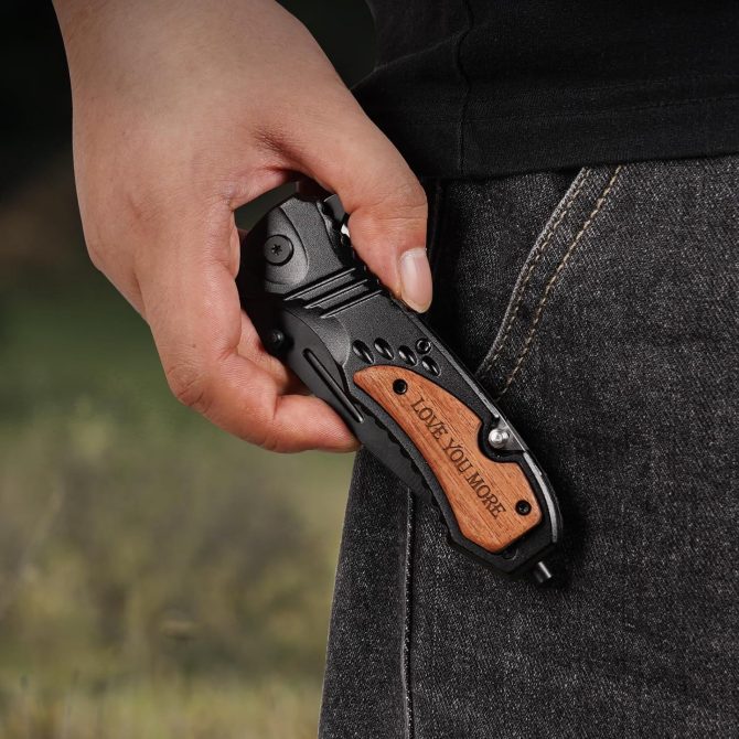 LOVE YOU MORE Engraved Pocket Knife Gift Set | Wood Gift Box & EDC Knife with Serrated Edge & Clip | Multi-Function Outdoor Tool for Camping, Hiking, Survival - Image 3