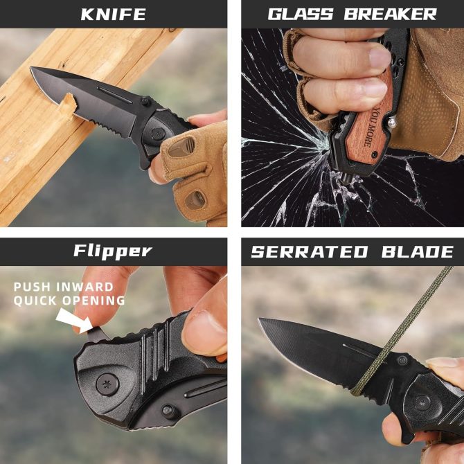 LOVE YOU MORE Engraved Pocket Knife Gift Set | Wood Gift Box & EDC Knife with Serrated Edge & Clip | Multi-Function Outdoor Tool for Camping, Hiking, Survival - Image 4