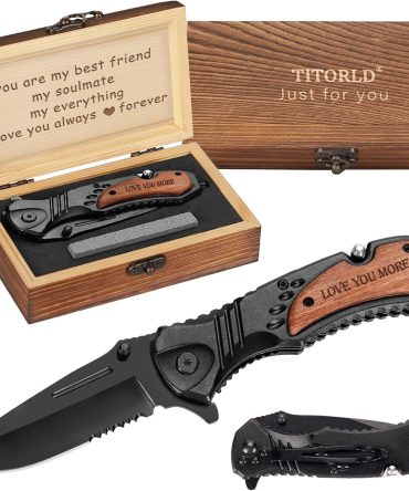 LOVE YOU MORE Engraved Pocket Knife Gift Set | Wood Gift Box & EDC Knife with Serrated Edge & Clip | Multi-Function Outdoor Tool for Camping, Hiking, Survival