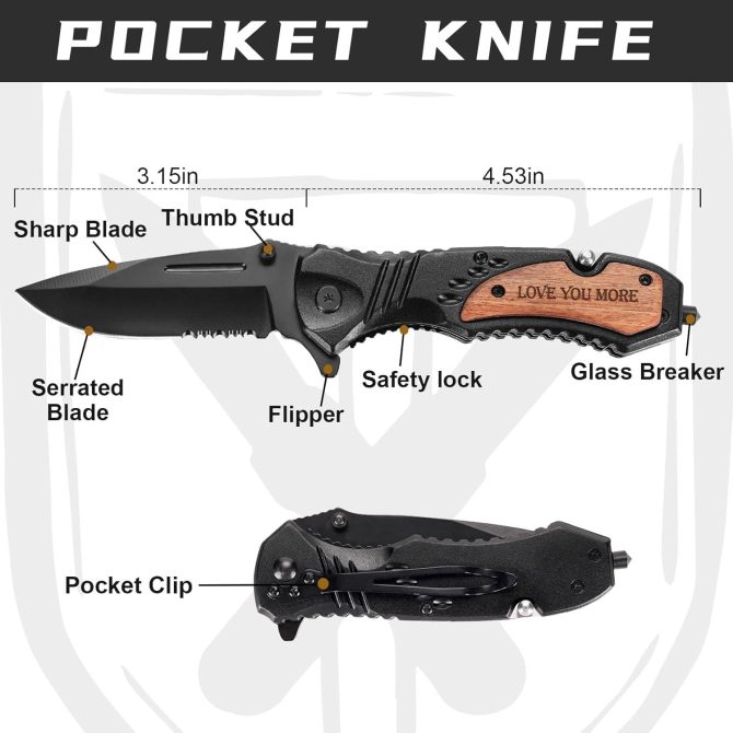 LOVE YOU MORE Engraved Pocket Knife Gift Set | Wood Gift Box & EDC Knife with Serrated Edge & Clip | Multi-Function Outdoor Tool for Camping, Hiking, Survival - Image 6