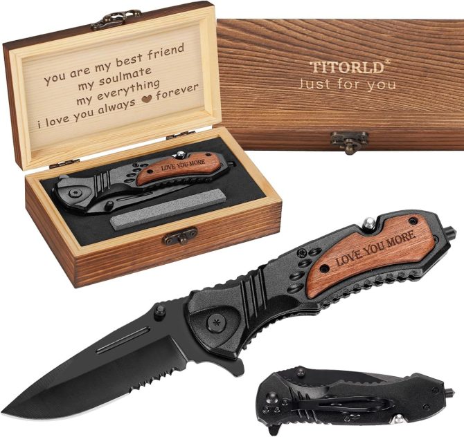 LOVE YOU MORE Engraved Pocket Knife Gift Set | Wood Gift Box & EDC Knife with Serrated Edge & Clip | Multi-Function Outdoor Tool for Camping, Hiking, Survival