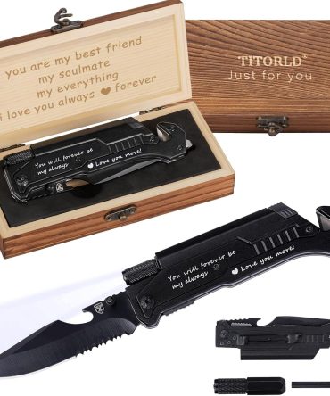 LOVE YOU Engraved 7-in-1 Multitool | Wood Gift Box Included | Folding Pocket Knife for Camping, Hiking & Outdoors | Anniversary/Birthday Gift for Him, Boyfriend, Husband | Compact & Durable Design