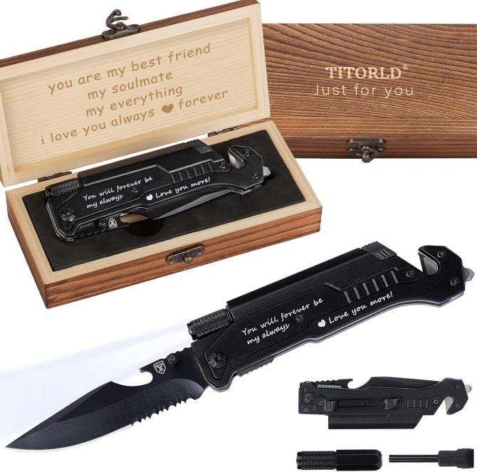 LOVE YOU Engraved 7-in-1 Multitool | Wood Gift Box Included | Folding Pocket Knife for Camping, Hiking & Outdoors | Anniversary/Birthday Gift for Him, Boyfriend, Husband | Compact & Durable Design