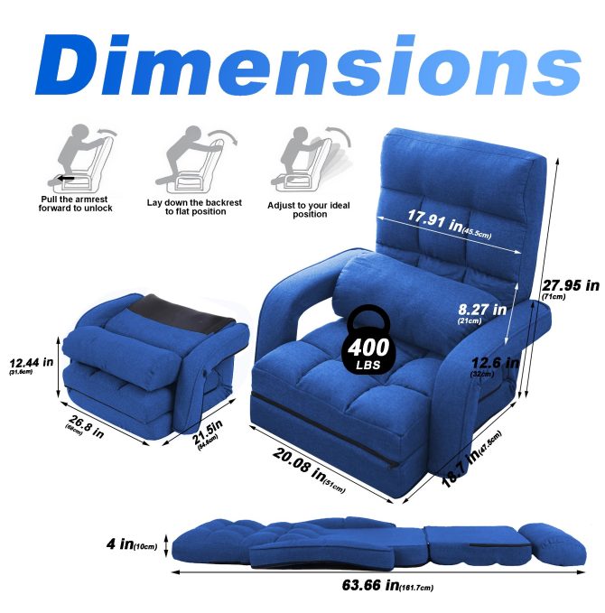 Folding Lazy Sofa Floor Chair Sofa Lounger Bed with Armrests and Pillow - Image 15