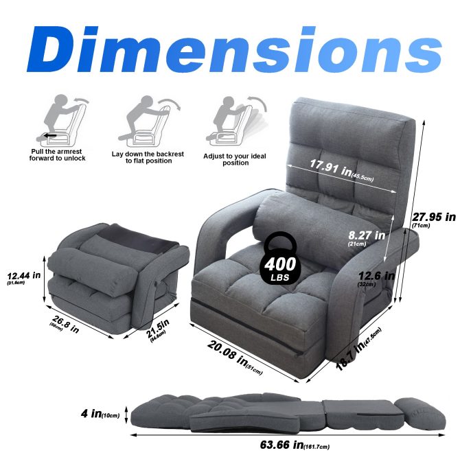 Folding Lazy Sofa Floor Chair Sofa Lounger Bed with Armrests and Pillow - Image 4