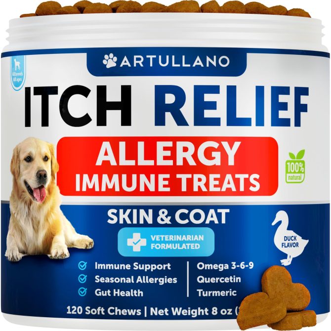 Dog Allergy Relief Chews Itching Skin Relief for Dogs Fish Oil Omega 3 Seasonal Allergies Pills Skin & Coat Anti ItchHot Spots Treatment Canine Immune Health Supplement 120 Soft Treats
