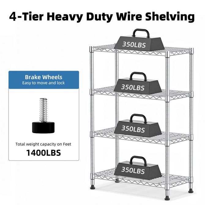 1000 lbs Storage Shelving Steel Heavy Duty 4-Tier Utility Shelving Unit Steel Organizer Wire Rack for Home,Kitchen,Office,Chrome (13.7" D x 29.5" W x 47.2" H) - Image 10