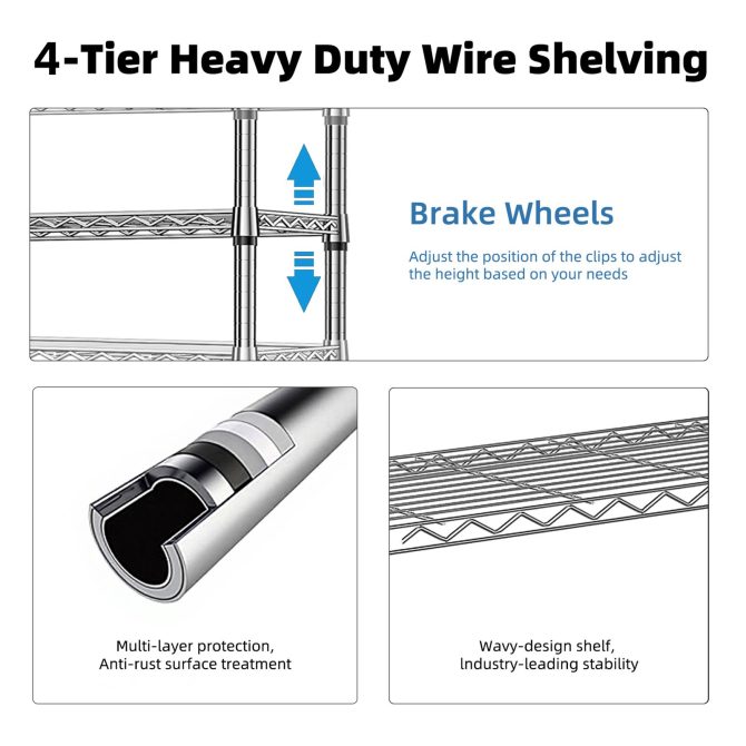 1000 lbs Storage Shelving Steel Heavy Duty 4-Tier Utility Shelving Unit Steel Organizer Wire Rack for Home,Kitchen,Office,Chrome (13.7" D x 29.5" W x 47.2" H) - Image 11