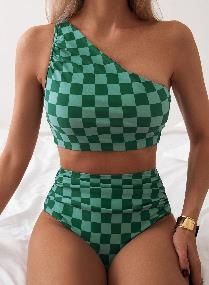 Women's Plaid Bathing Suit Checkered Print One Shoulder Ruched High Waisted Bikini Set Two Piece Swimsuit