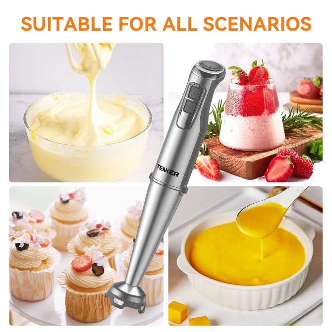 TENKER 1100W Immersion Hand Blender, Stainless Steel Stick Blender with 12-Speed & Turbo Mode, 5-in-1 Handheld Blender with 600ml Mixing Beaker with Lid, 500ml Chopper, Whisk, Milk Frother, BPA-Free - Image 2