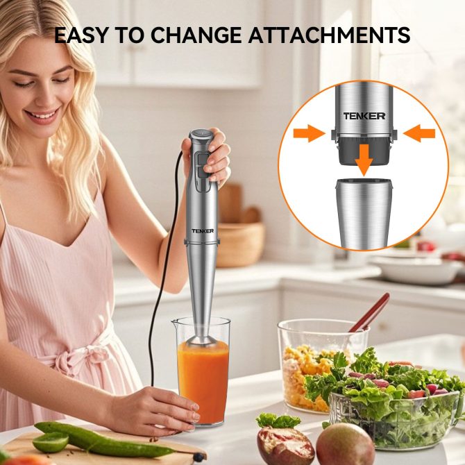 TENKER 1100W Immersion Hand Blender, Stainless Steel Stick Blender with 12-Speed & Turbo Mode, 5-in-1 Handheld Blender with 600ml Mixing Beaker with Lid, 500ml Chopper, Whisk, Milk Frother, BPA-Free - Image 12