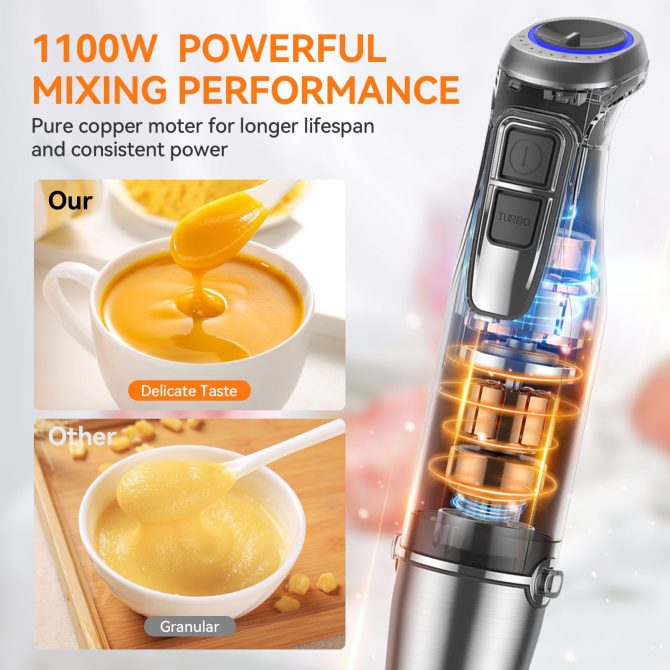 TENKER 1100W Immersion Hand Blender, Stainless Steel Stick Blender with 12-Speed & Turbo Mode, 5-in-1 Handheld Blender with 600ml Mixing Beaker with Lid, 500ml Chopper, Whisk, Milk Frother, BPA-Free - Image 3