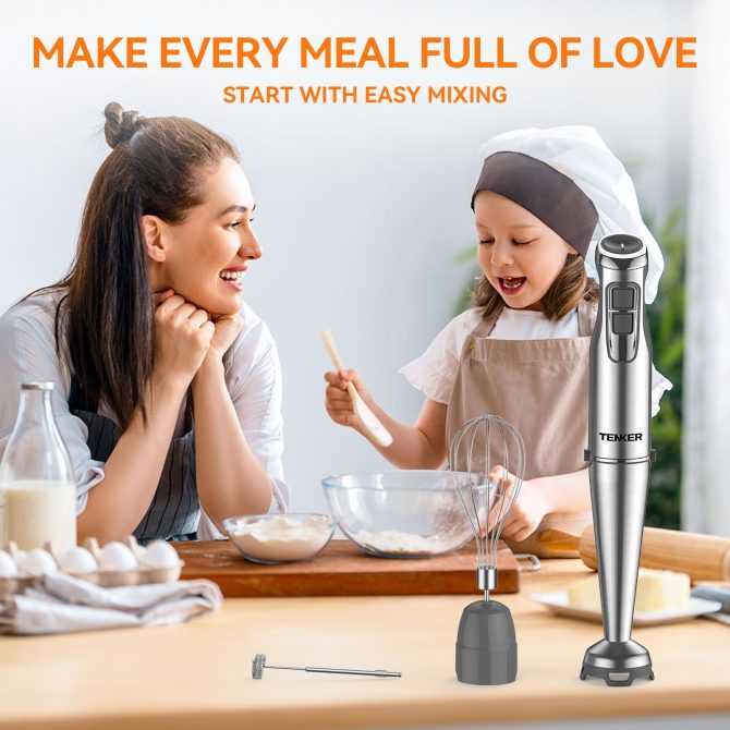 TENKER 1100W Immersion Hand Blender, Stainless Steel Stick Blender with 12-Speed & Turbo Mode, 5-in-1 Handheld Blender with 600ml Mixing Beaker with Lid, 500ml Chopper, Whisk, Milk Frother, BPA-Free - Image 4