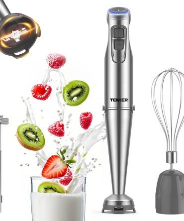 TENKER 1100W Immersion Hand Blender, Stainless Steel Stick Blender with 12-Speed & Turbo Mode, 5-in-1 Handheld Blender with 600ml Mixing Beaker with Lid, 500ml Chopper, Whisk, Milk Frother, BPA-Free