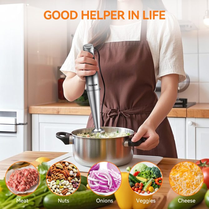 TENKER 1100W Immersion Hand Blender, Stainless Steel Stick Blender with 12-Speed & Turbo Mode, 5-in-1 Handheld Blender with 600ml Mixing Beaker with Lid, 500ml Chopper, Whisk, Milk Frother, BPA-Free - Image 5