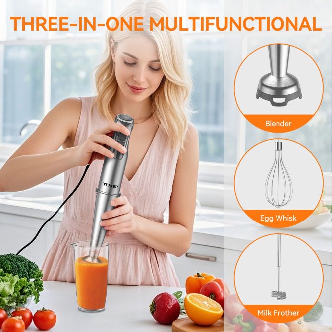 TENKER 1100W Immersion Hand Blender, Stainless Steel Stick Blender with 12-Speed & Turbo Mode, 5-in-1 Handheld Blender with 600ml Mixing Beaker with Lid, 500ml Chopper, Whisk, Milk Frother, BPA-Free - Image 6