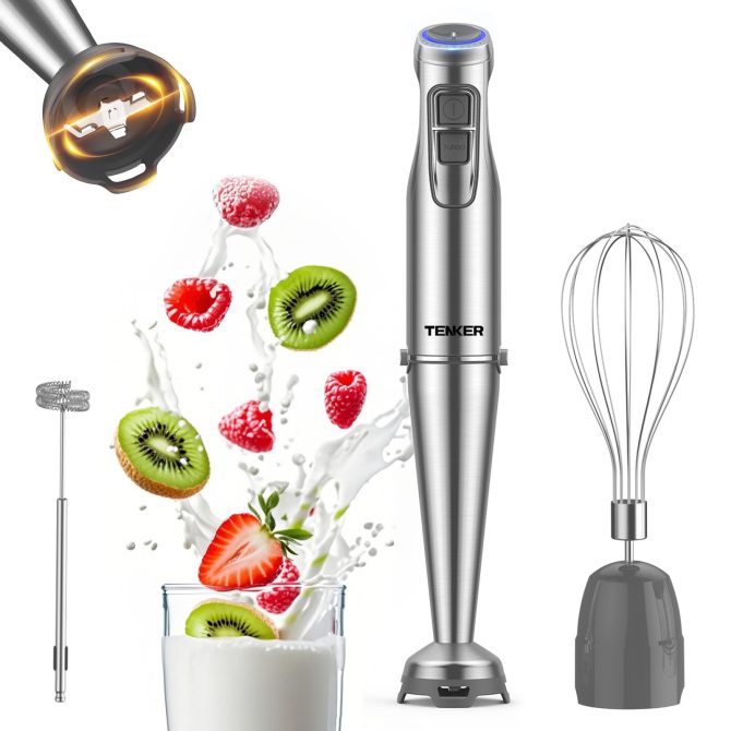 TENKER 1100W Immersion Hand Blender, Stainless Steel Stick Blender with 12-Speed & Turbo Mode, 5-in-1 Handheld Blender with 600ml Mixing Beaker with Lid, 500ml Chopper, Whisk, Milk Frother, BPA-Free