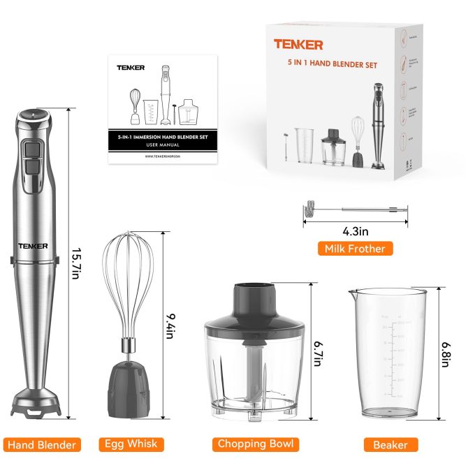 TENKER 1100W Immersion Hand Blender, Stainless Steel Stick Blender with 12-Speed & Turbo Mode, 5-in-1 Handheld Blender with 600ml Mixing Beaker with Lid, 500ml Chopper, Whisk, Milk Frother, BPA-Free - Image 9
