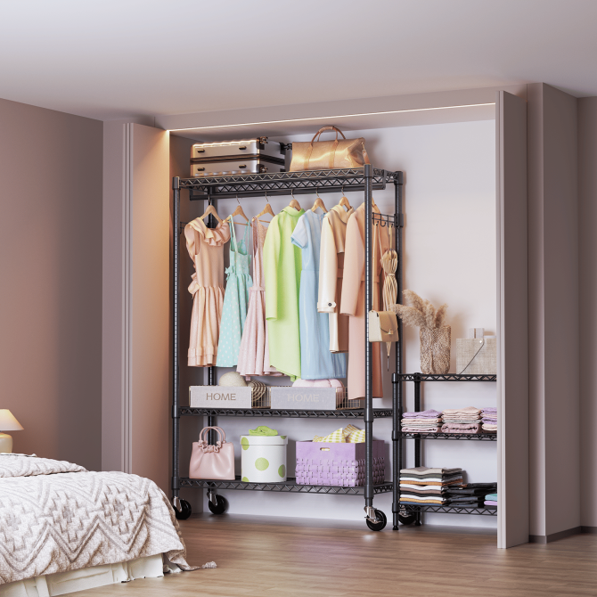 3 Tier Heavy Duty Rolling Garment Rack Wire Clothes Rack for Hanging Clothes, Metal Freestanding Closet Wardrobe with 1 Rods and Wheels Black Chrome 15.7" D x 45.3" W x 75.6" H - Image 14
