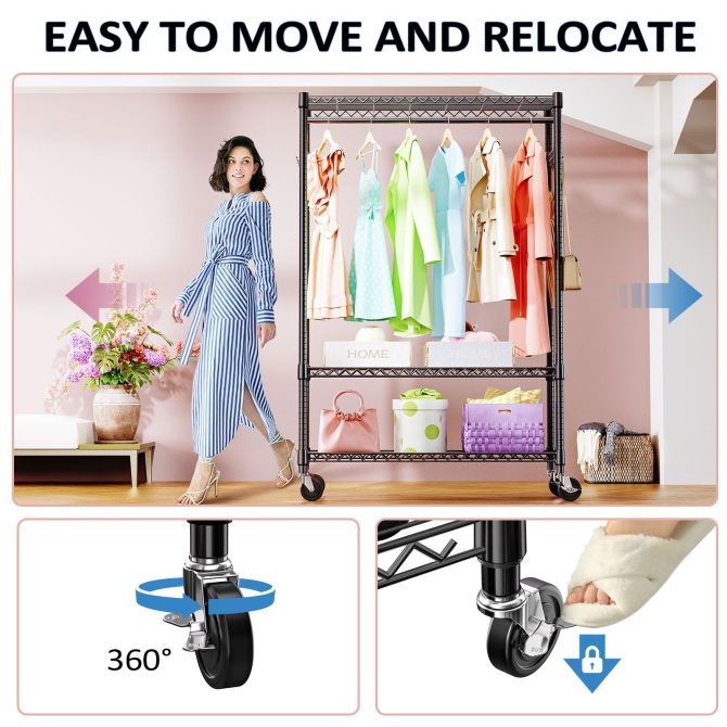 3 Tier Heavy Duty Rolling Garment Rack Wire Clothes Rack for Hanging Clothes, Metal Freestanding Closet Wardrobe with 1 Rods and Wheels Black Chrome 15.7" D x 45.3" W x 75.6" H - Image 16