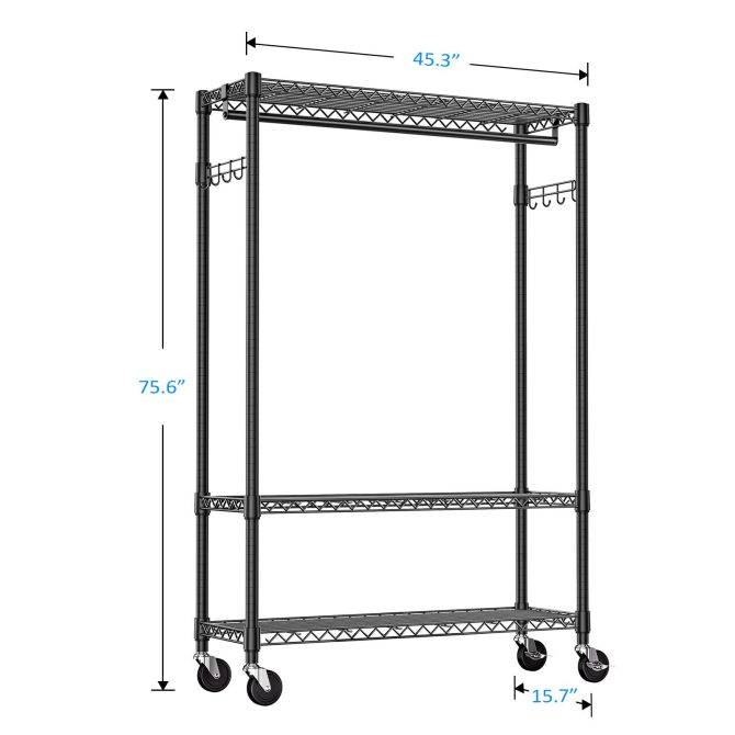 3 Tier Heavy Duty Rolling Garment Rack Wire Clothes Rack for Hanging Clothes, Metal Freestanding Closet Wardrobe with 1 Rods and Wheels Black Chrome 15.7" D x 45.3" W x 75.6" H - Image 18