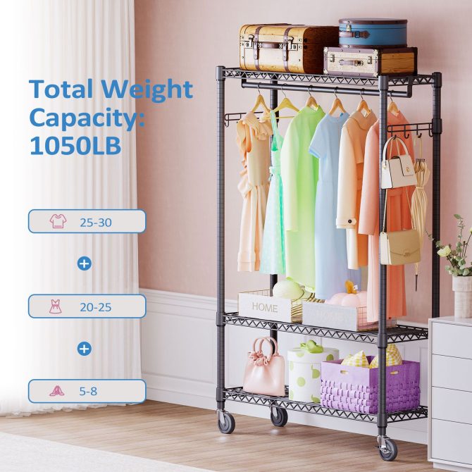 3 Tier Heavy Duty Rolling Garment Rack Wire Clothes Rack for Hanging Clothes, Metal Freestanding Closet Wardrobe with 1 Rods and Wheels Black Chrome 15.7" D x 45.3" W x 75.6" H - Image 19