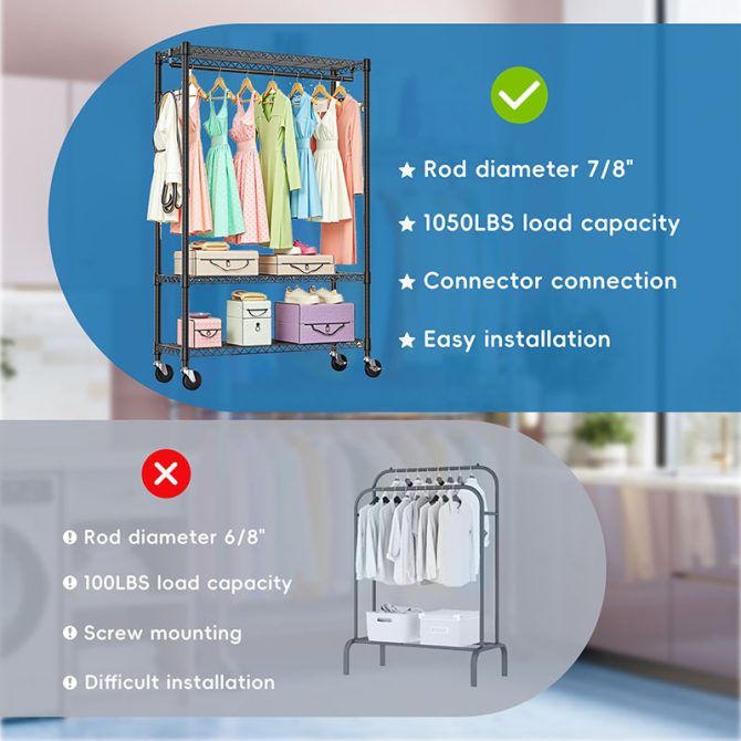 3 Tier Heavy Duty Rolling Garment Rack Wire Clothes Rack for Hanging Clothes, Metal Freestanding Closet Wardrobe with 1 Rods and Wheels Black Chrome 15.7" D x 45.3" W x 75.6" H - Image 12